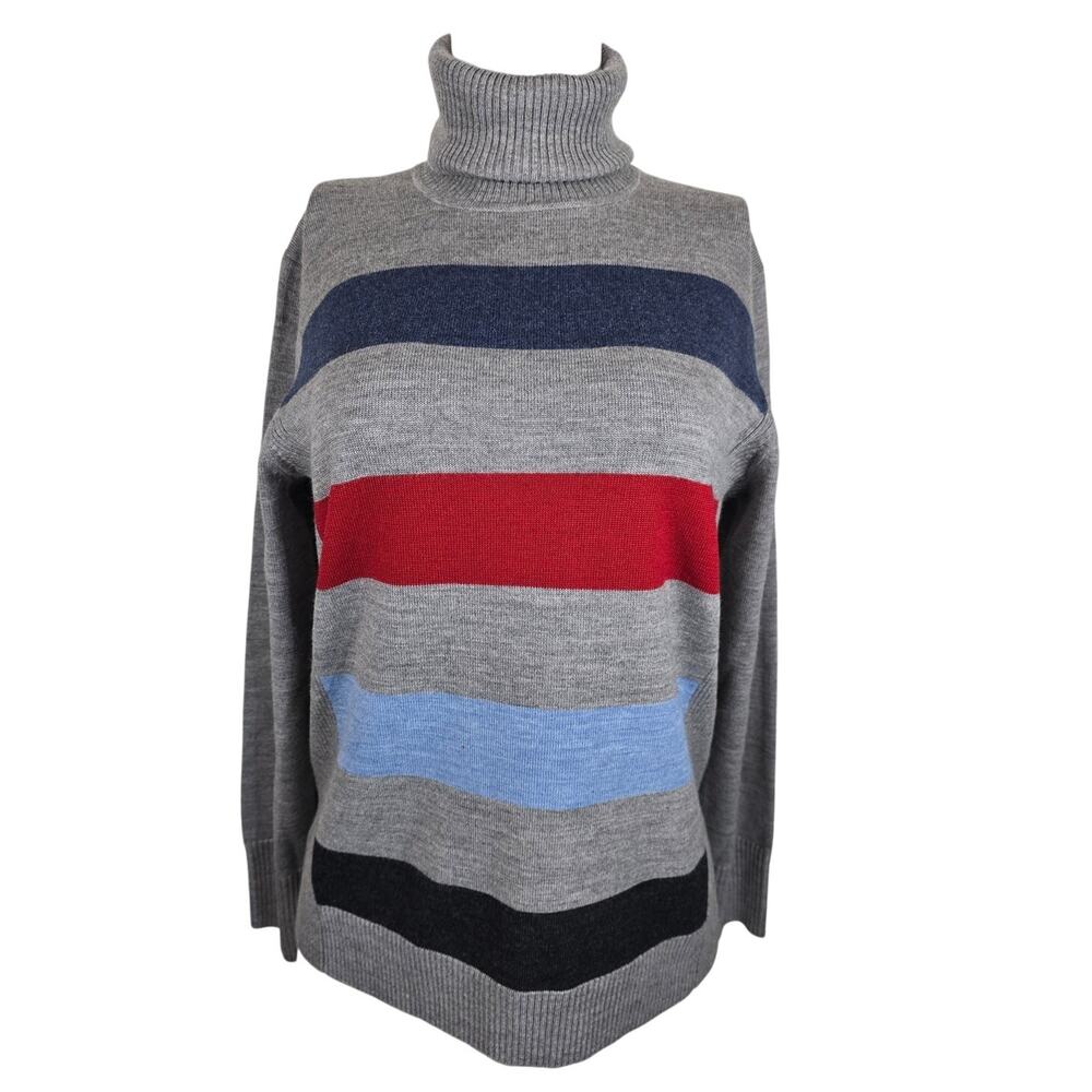 Pendleton Gray Red Blue Striped 100% Merino Wool Turtle Neck Women's Sweater L